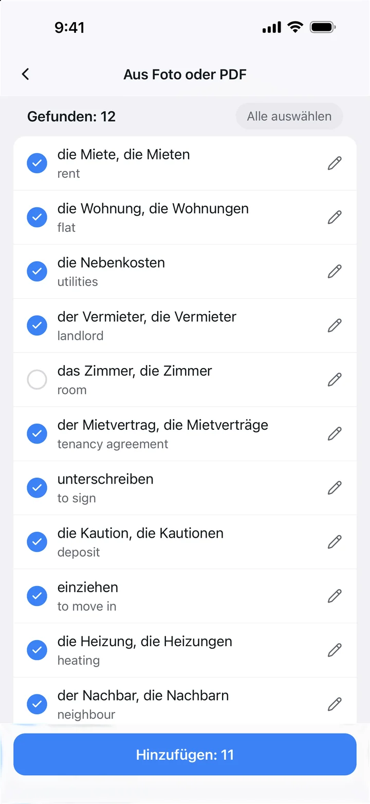 Zwölf Wörter von einer Lehrbuchseite, jedes mit seiner Übersetzung