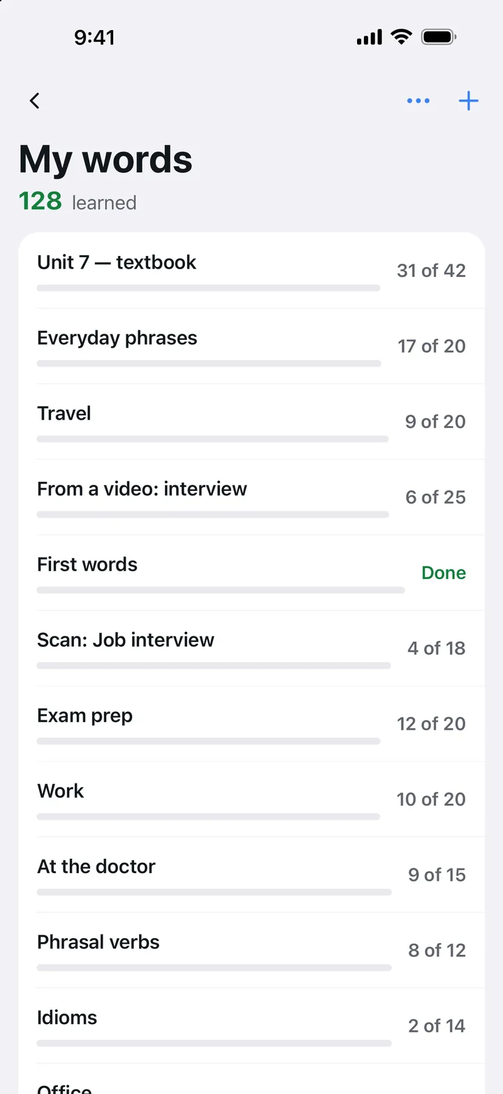 My words: a progress bar for every set