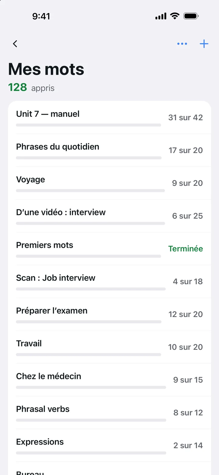 Mes mots : une barre de progression pour chaque liste