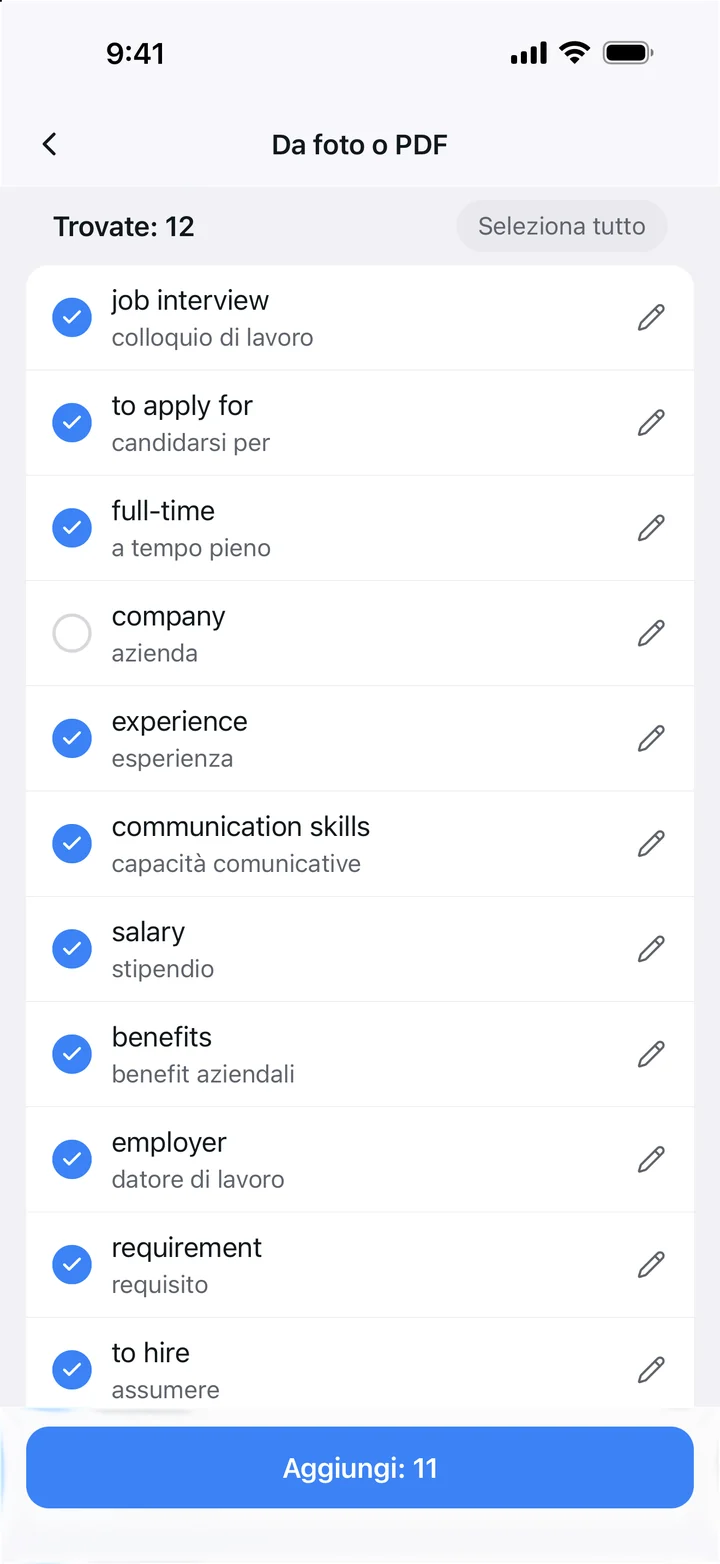 Dodici parole da una pagina del libro, ognuna con la sua traduzione