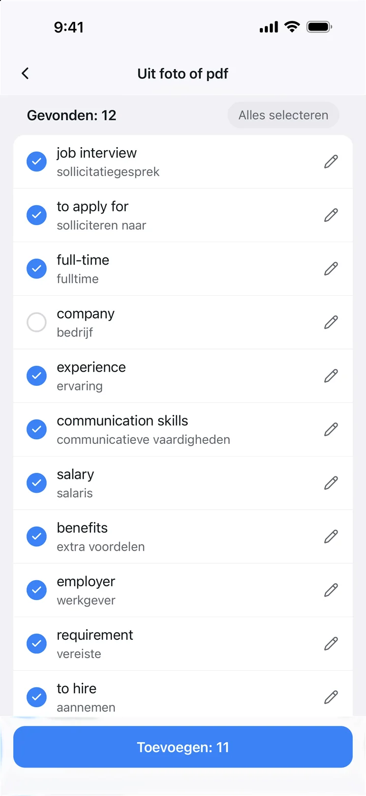 Twaalf woorden van een lesboekpagina, elk met zijn vertaling