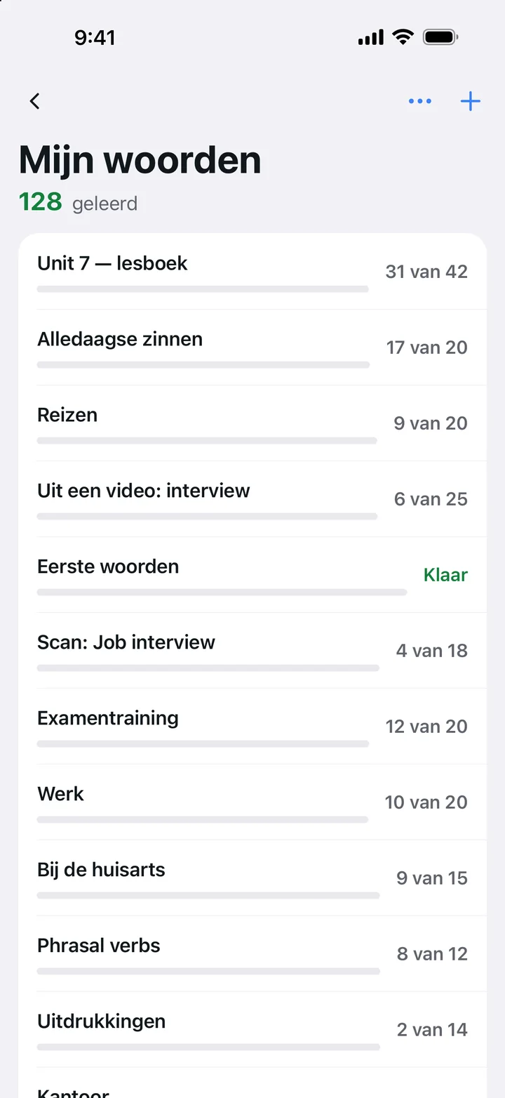Mijn woorden: een voortgangsbalk voor elke set