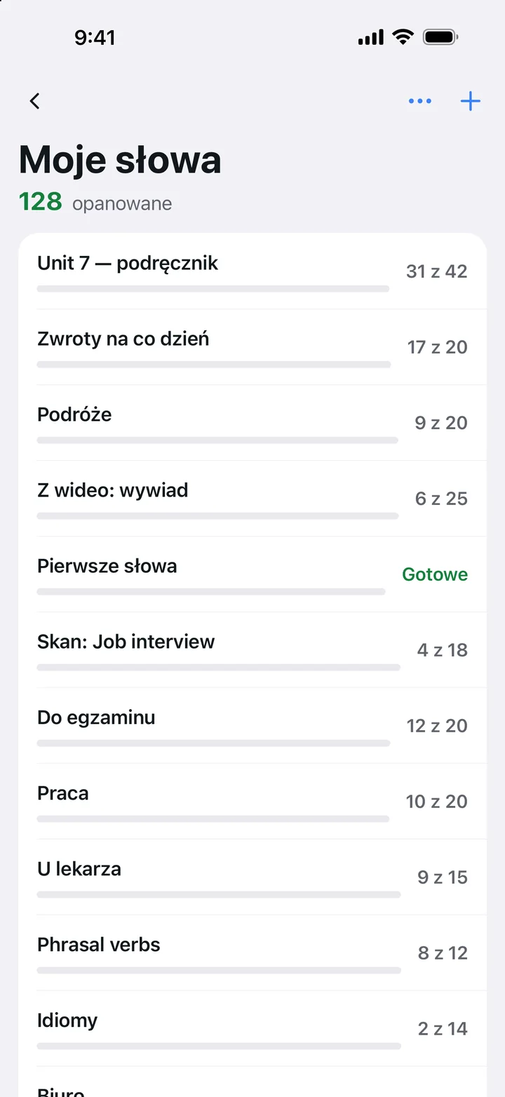 Moje słowa: pasek postępu dla każdego zestawu