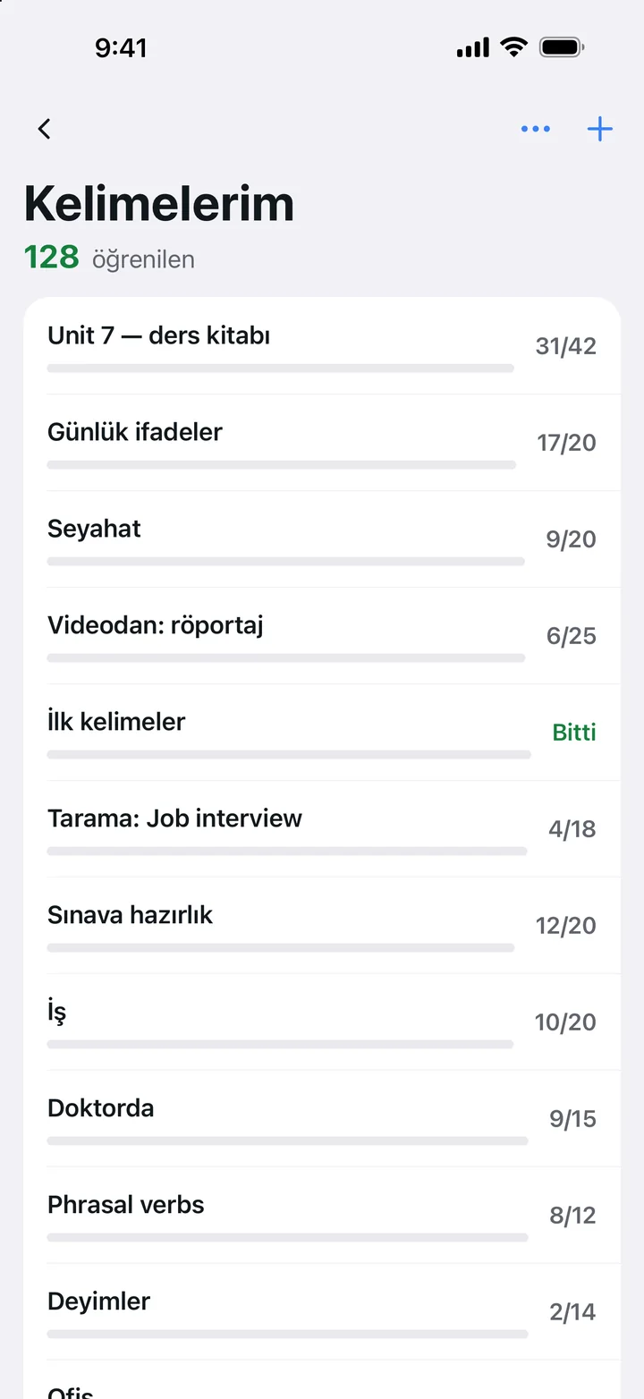 Kelimelerim: her set için bir ilerleme çubuğu